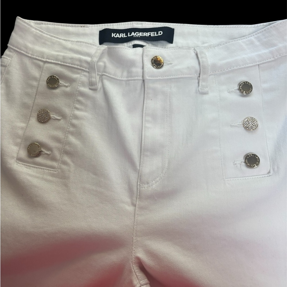 Karl Lagerfeld Paris White Denim Sailor Wide Leg Pants Button Design Size 4